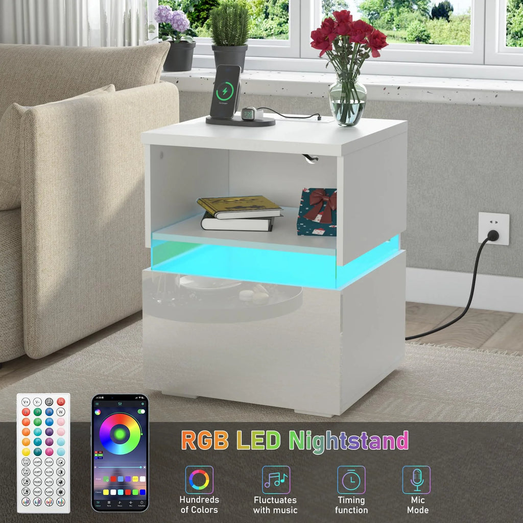 Black High Gloss Nightstand Set of 2 with Charging Station T6199