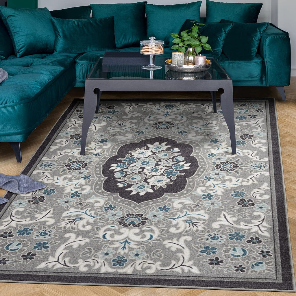 Gray 6'7" x 9' Non-Skid Rubber Backing Floral Area Rug N38681