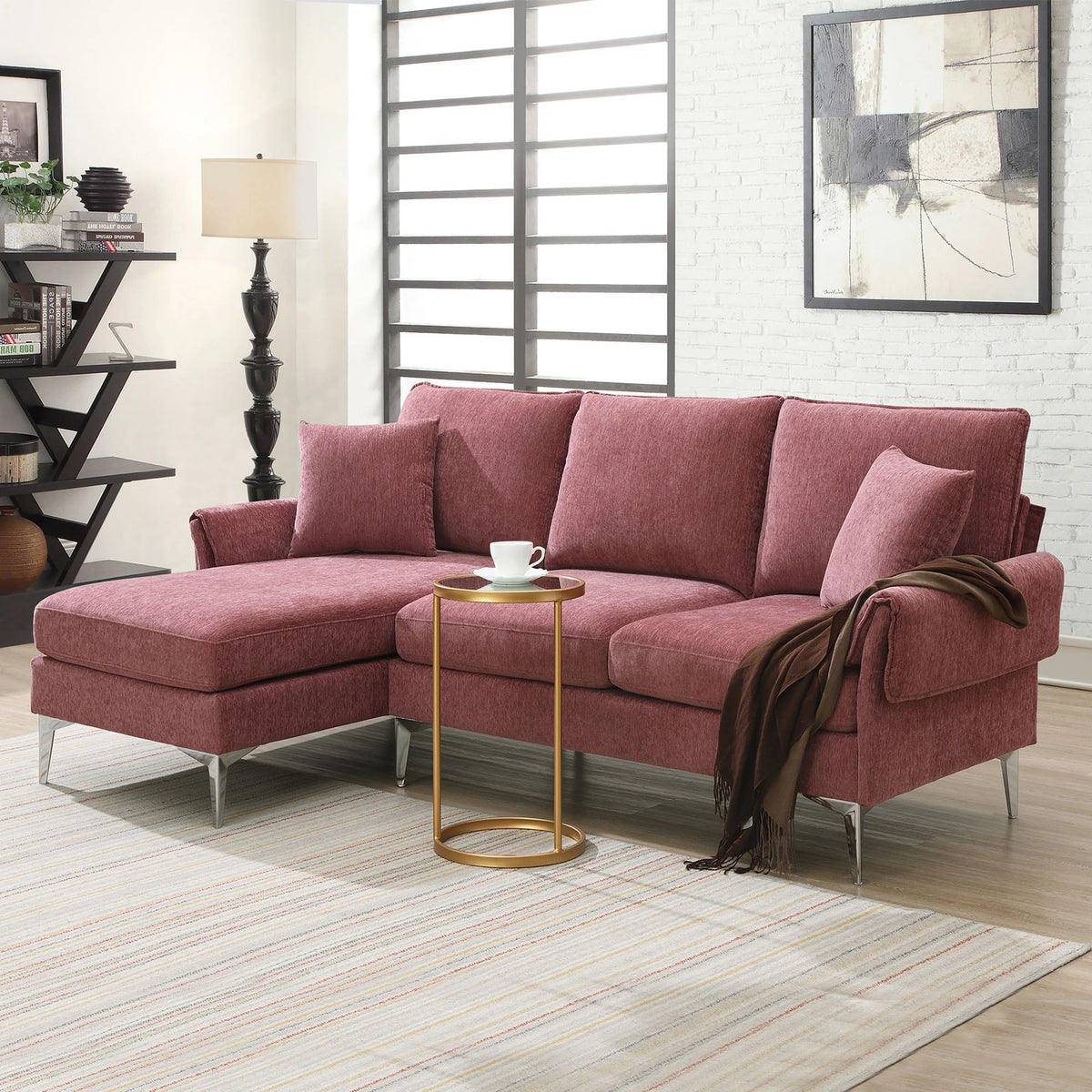 Dark Pink L-Shaped Convertible Sectional Sofa with Reversible Chaise Lounge Z323291