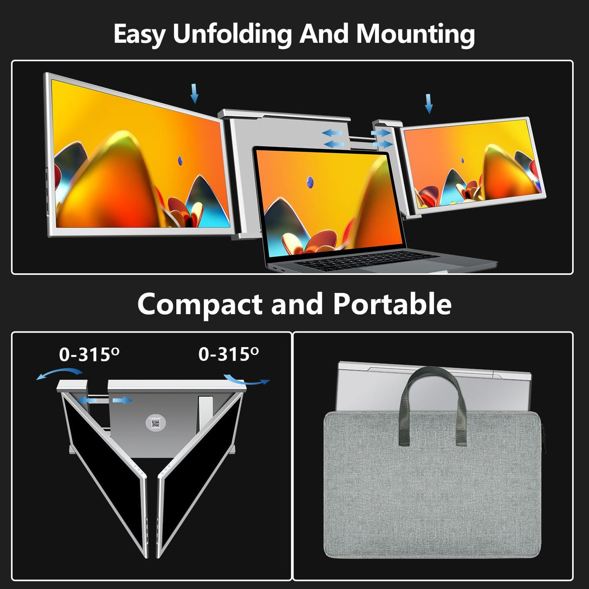 14" Triple Laptop Screen Extender FHD 1080P IPS Portable Monitor Gray S956007