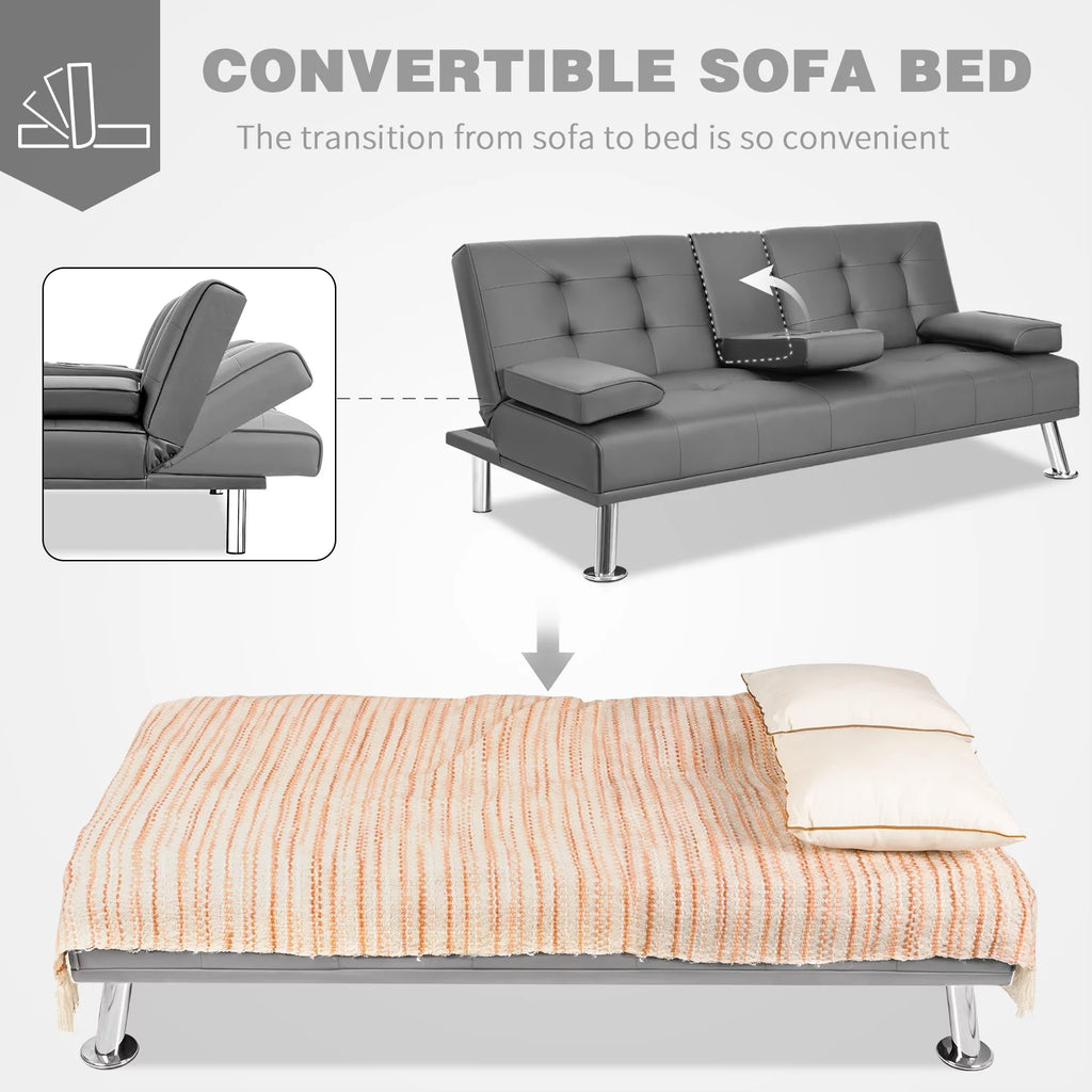 Gray Faux Leather Convertible Futon Sofa Bed with 2 Cup Holders K734