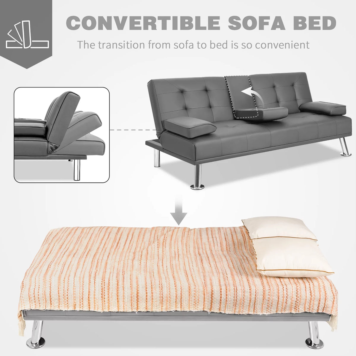 Gray Faux Leather Convertible Futon Sofa Bed with 2 Cup Holders K734