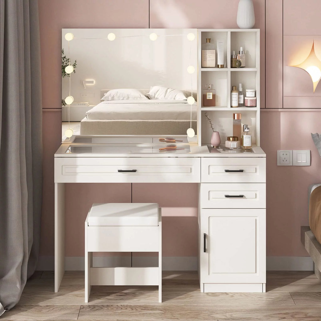 White 45in Vanity Desk Set with Lighted Mirror and Glass Desktop Y609