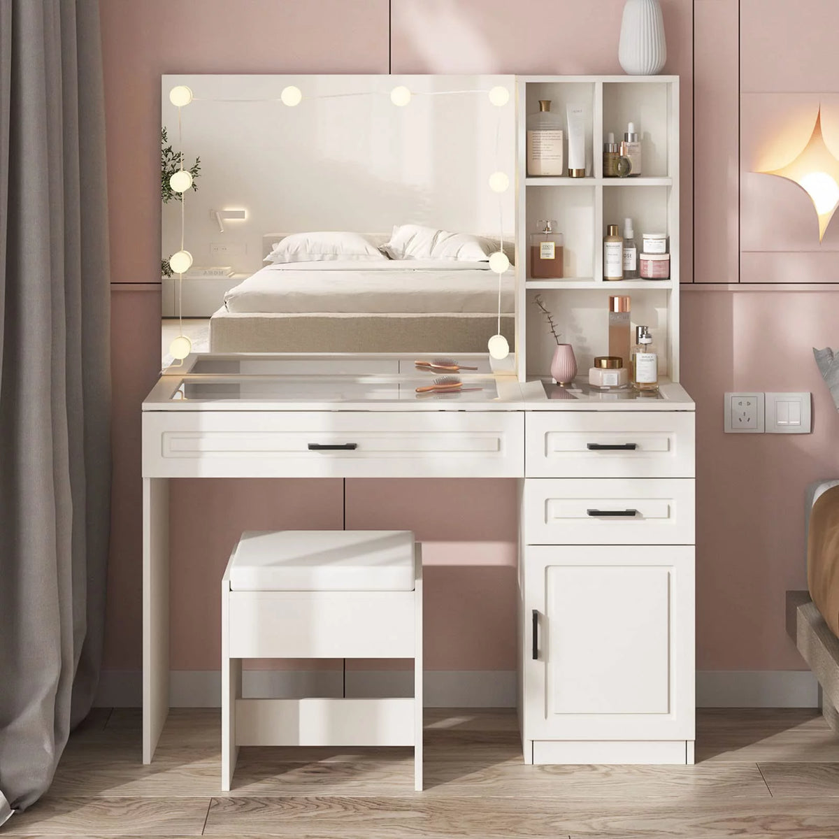 White 45in Vanity Desk Set with Lighted Mirror and Glass Desktop Y609