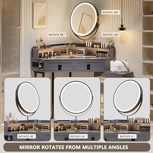White Glass Top Corner Vanity with Mirror and Lights W8068
