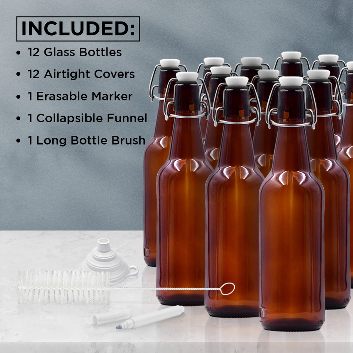 16 oz Amber Glass Beer Bottles with Funnel, Brush and Marker Y1507
