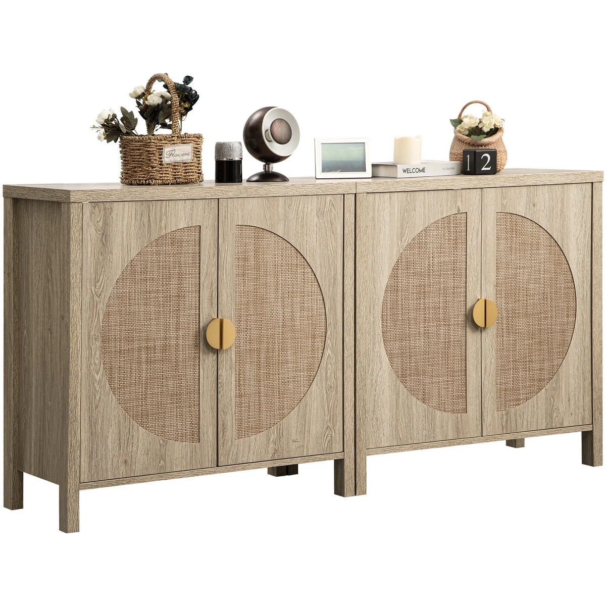 Oak Rattan Sideboard Storage Cabinet Set of 2 Y5141