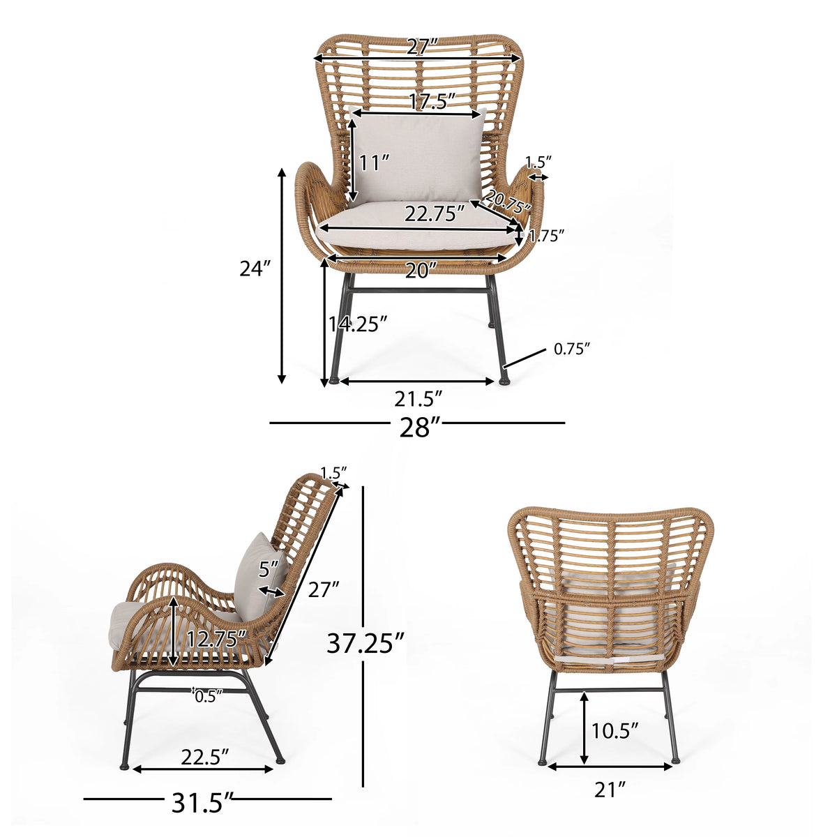 Light Brown and Beige Wicker Club Chairs with Cushions, Set of 2 P492565