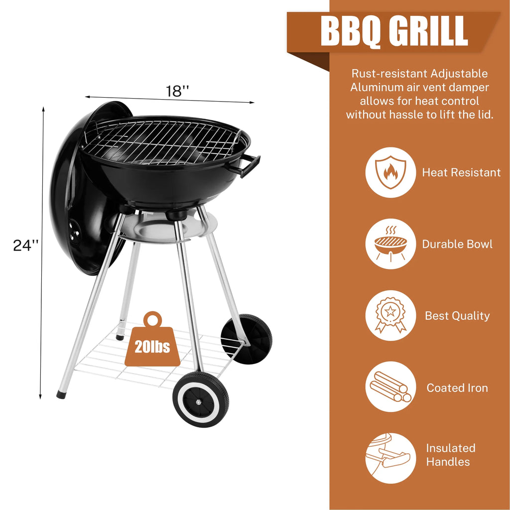 18 Inch Portable Charcoal Grill with Wheels H5124