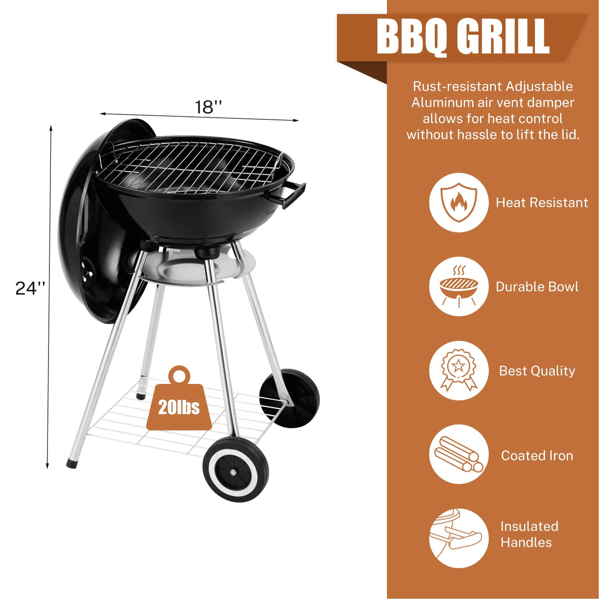 18 Inch Portable Charcoal Grill with Wheels H5124