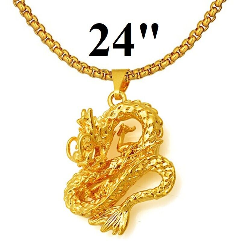 18k Gold Filled Dragon Pendant Cuban Link Chain 24" Necklace D960919