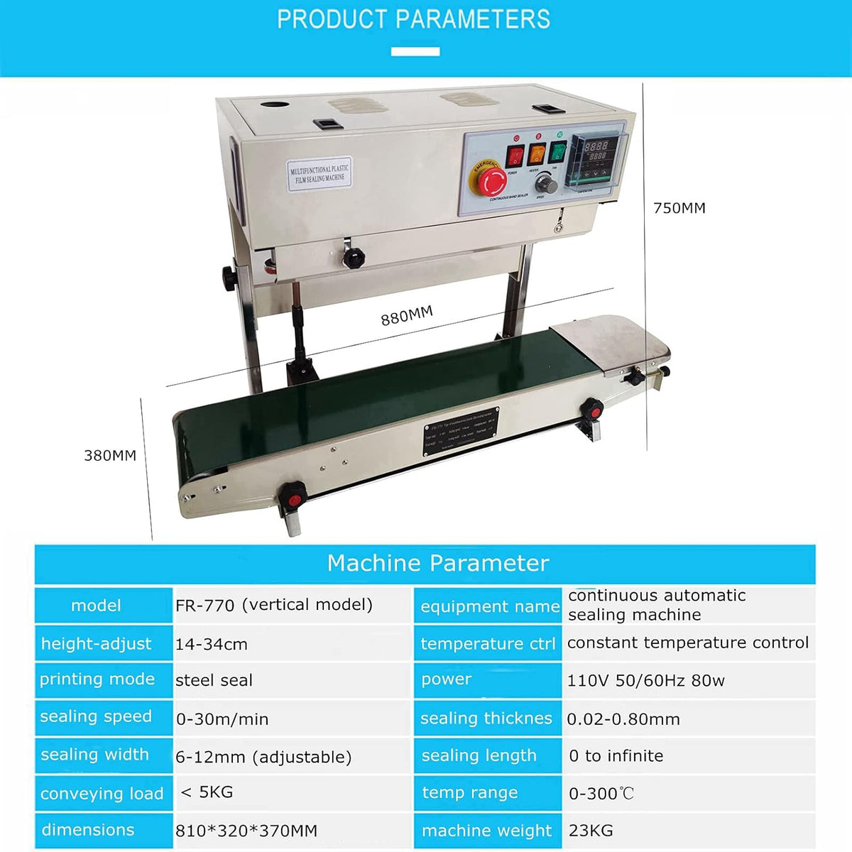 Continuous Sealing Machine Automatic Band Sealer with Digital Thermostat for Plastic Poly Bag Film 110V K983