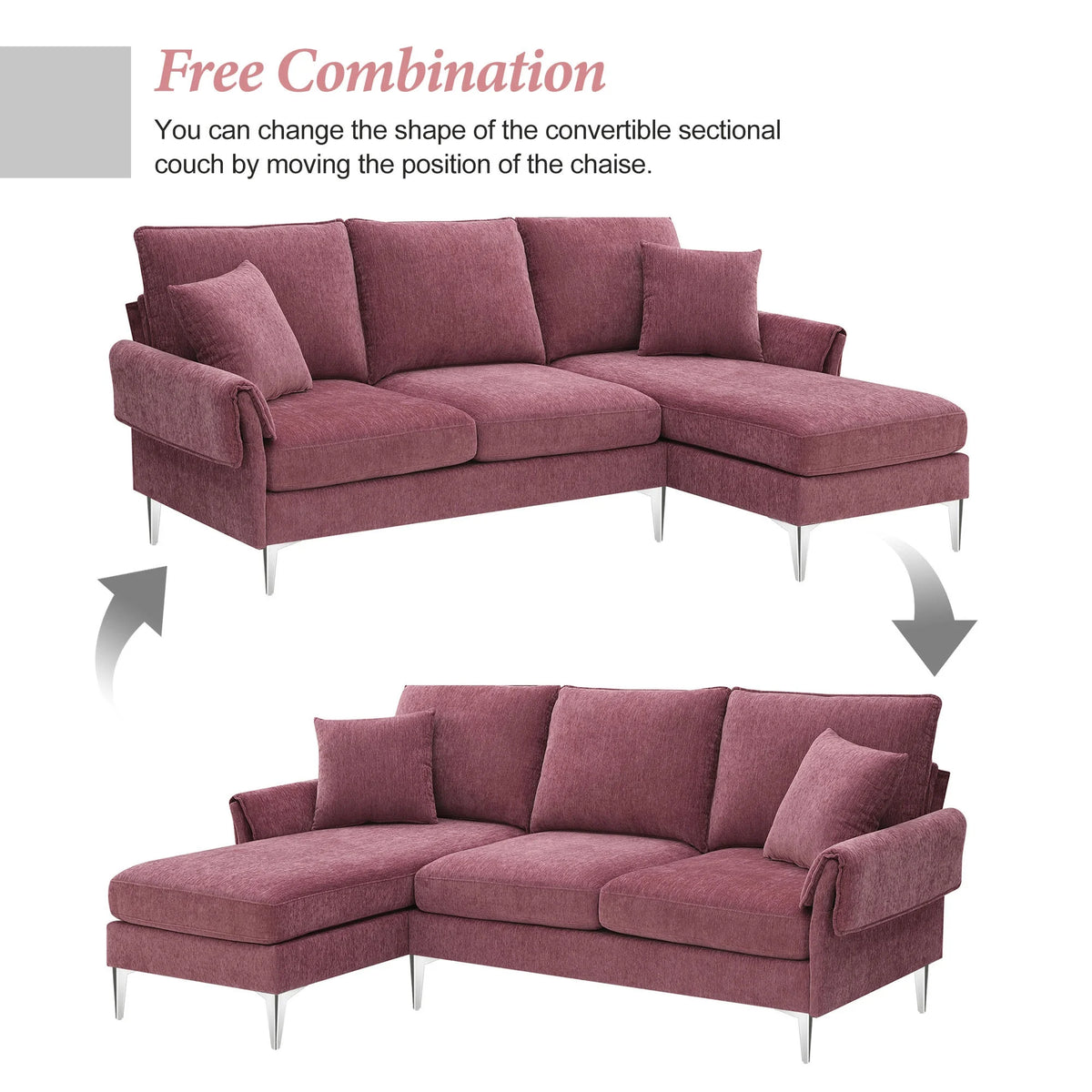 Dark Pink L-Shaped Convertible Sectional Sofa with Reversible Chaise Lounge Z323291