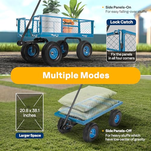Heavy Duty Mesh Steel Garden Cart Folding Utility Wagon with Removable Sides and 10 inch Tire (Black) X689