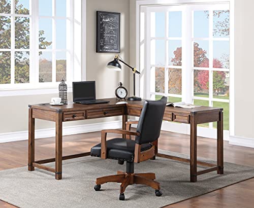 Rustic L-Shape Office Desk with Power Port Drawer, Champagne Oak Finish V5099