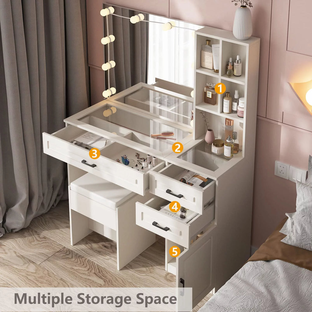 White 45in Vanity Desk Set with Lighted Mirror and Glass Desktop Y609
