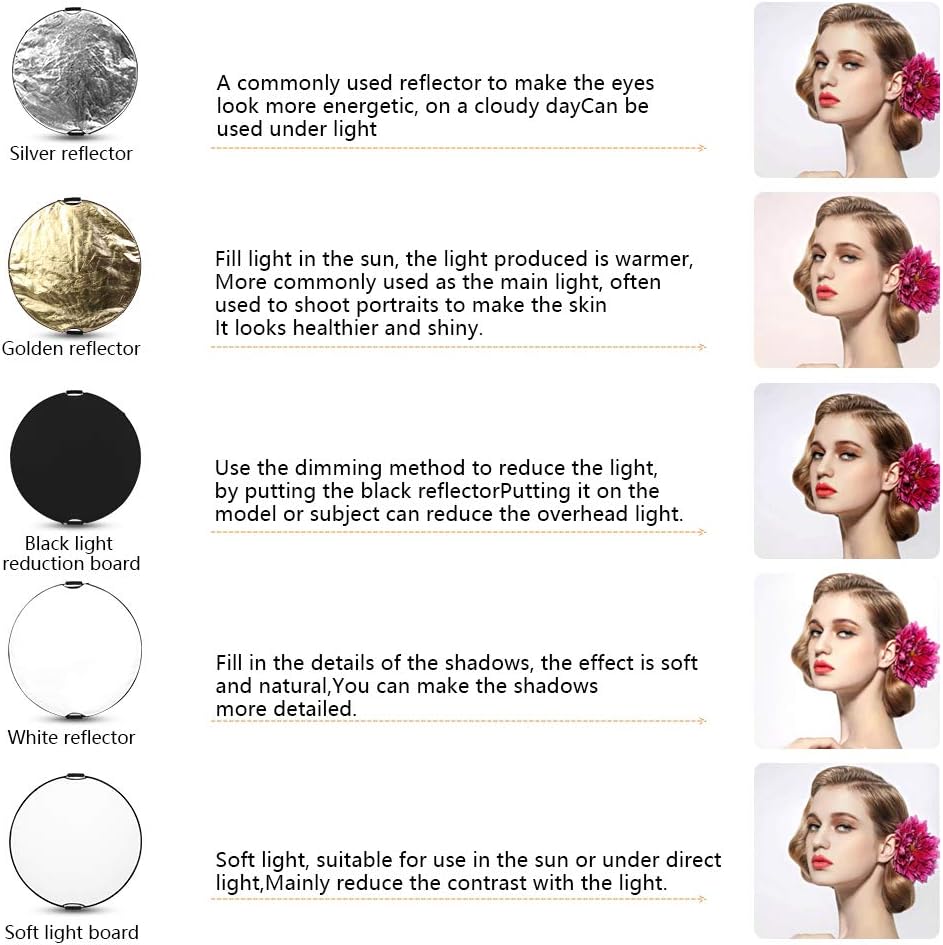 5 in 1 Collapsible Reflector Set with 2 Handles and Carrying Bag Gold Silver White Black Transparent (23.6in) K699309