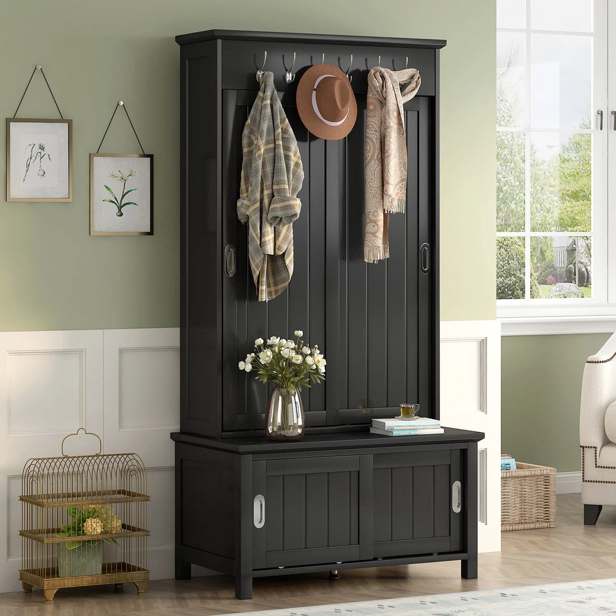 Black Wooden Hall Tree with Bench and Shoe Storage T358