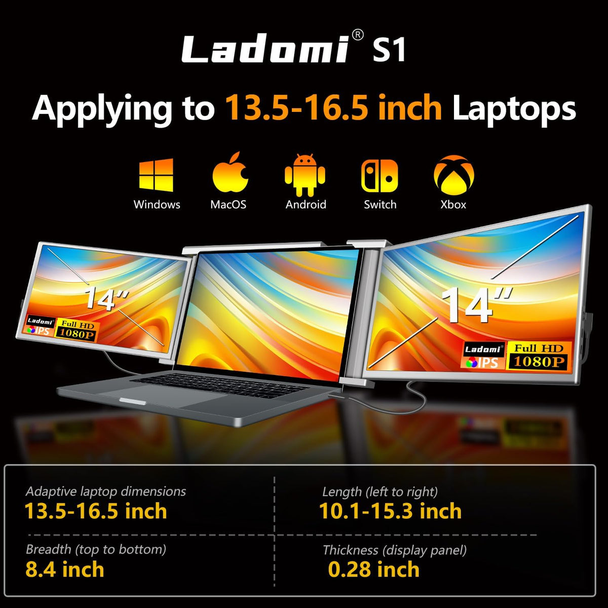 14" Triple Laptop Screen Extender FHD 1080P IPS Portable Monitor Gray S956007