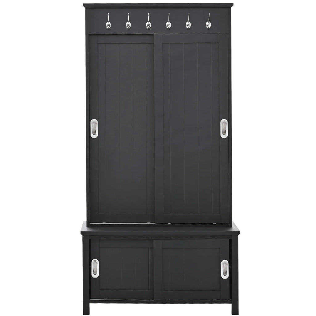 Black Wooden Hall Tree with Bench and Shoe Storage T358