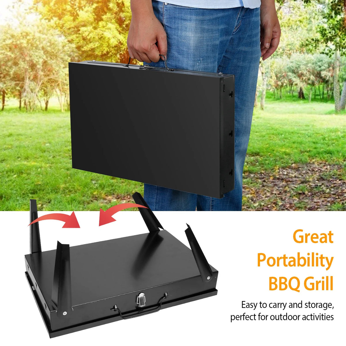 Portable Charcoal Grill with 2Pcs Non-Stick Mat, Black Y159497