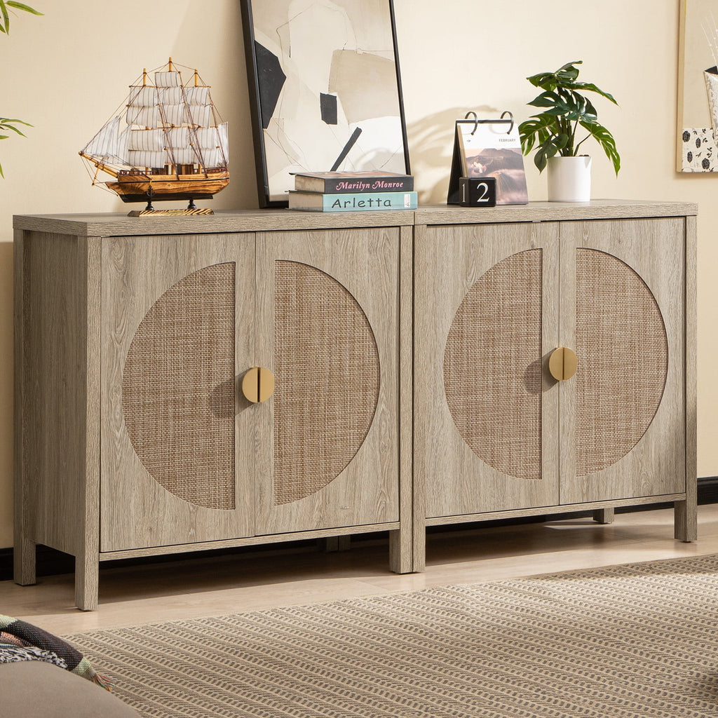 Oak Rattan Sideboard Storage Cabinet Set of 2 Y5141