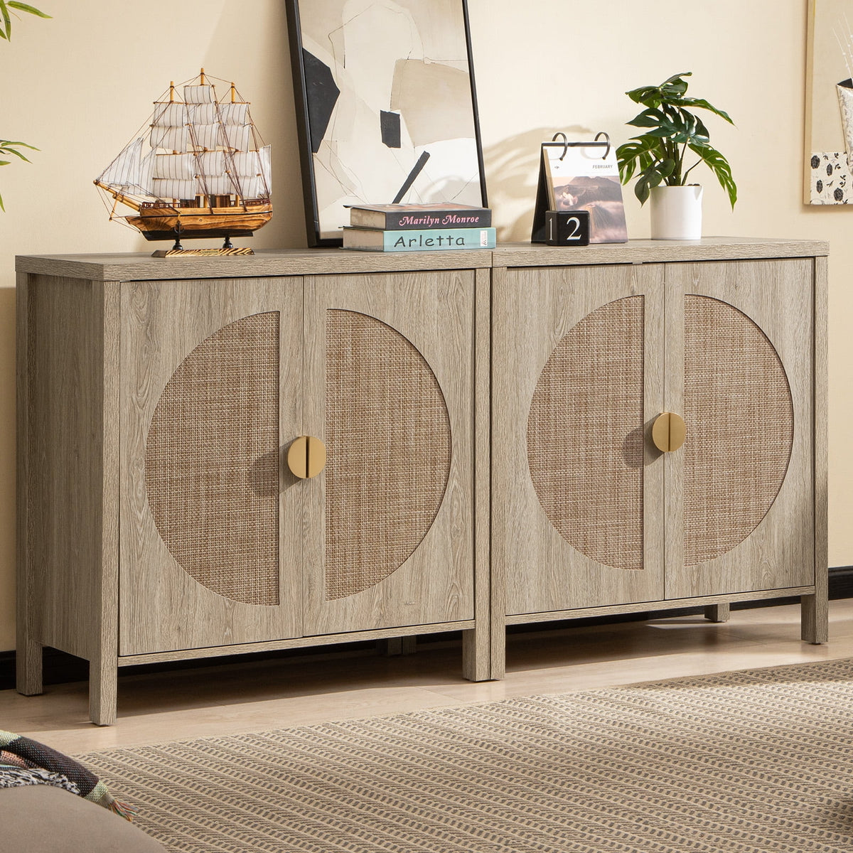 Oak Rattan Sideboard Storage Cabinet Set of 2 Y5141