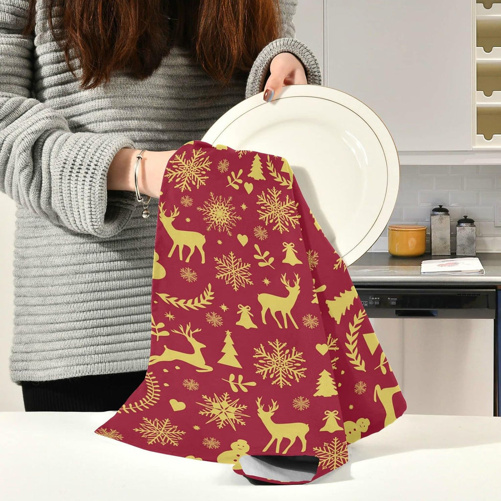 Reindeer Bells Snowflakes Kitchen Towels Set of 4 Dishcloths Ultra Absorbent 28'' x 18'' N772