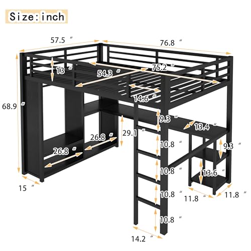 Queen Size Black Metal Loft Bed with Wardrobe and Desk H59215
