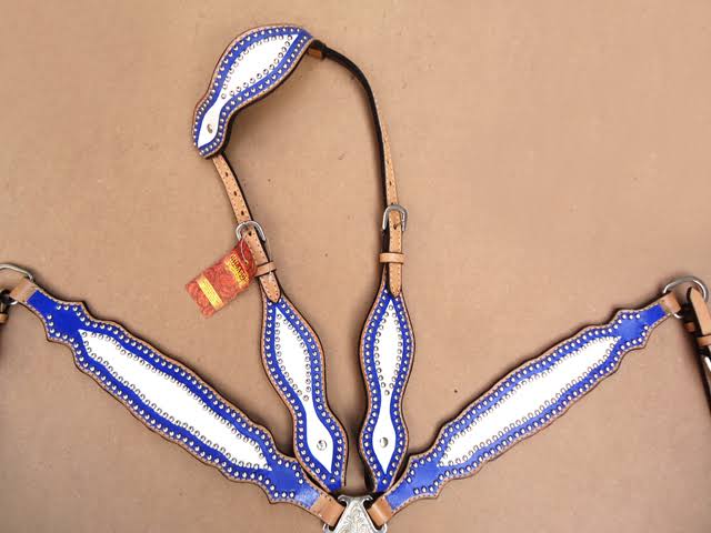 Leather Horse One Ear Headstall Breast Collar Blue X475