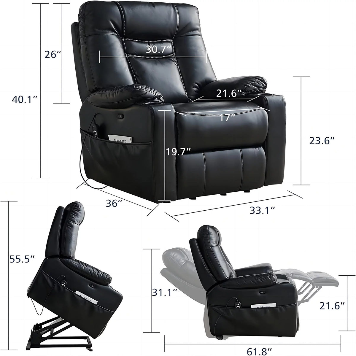 Large Size Black Leather Power Lift Recliner Chair X251