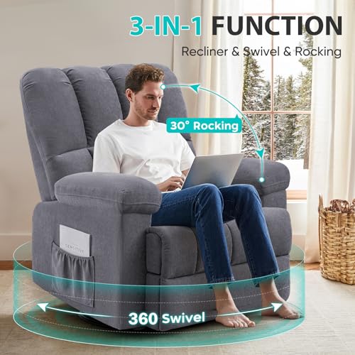 Oversized Chenille Swivel Rocker Recliner Chair, Grey N7677