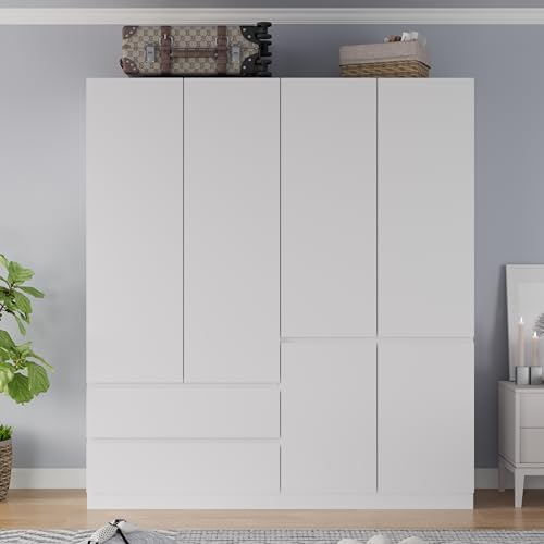 White 4 Door 2 Drawers Wooden Armoire Wardrobe I5230