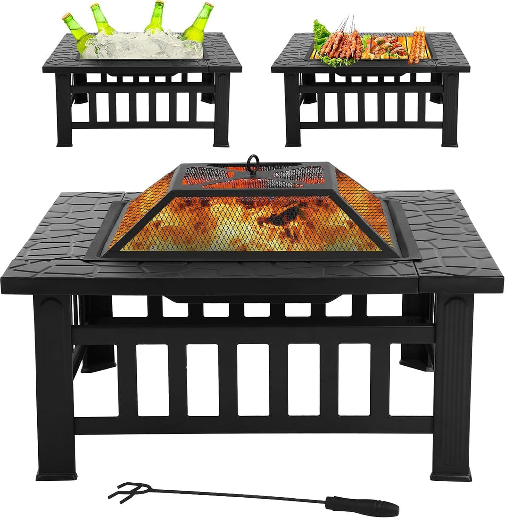 32in Square Black Metal Fire Pit V2399