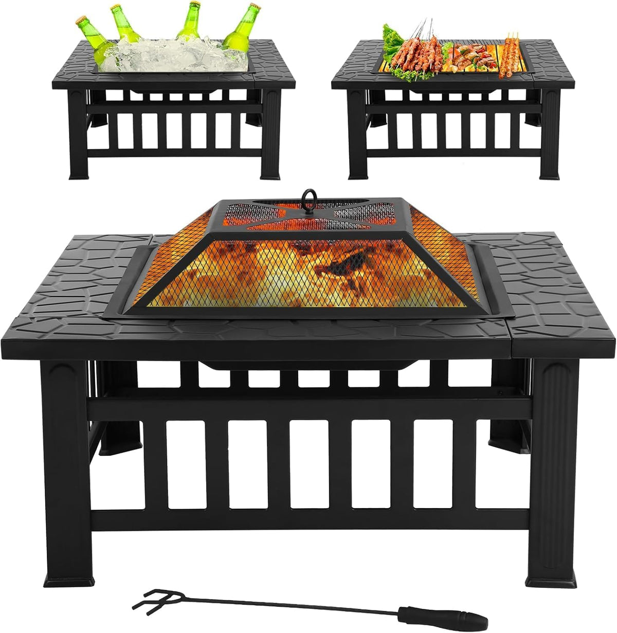 32in Square Black Metal Fire Pit V2399