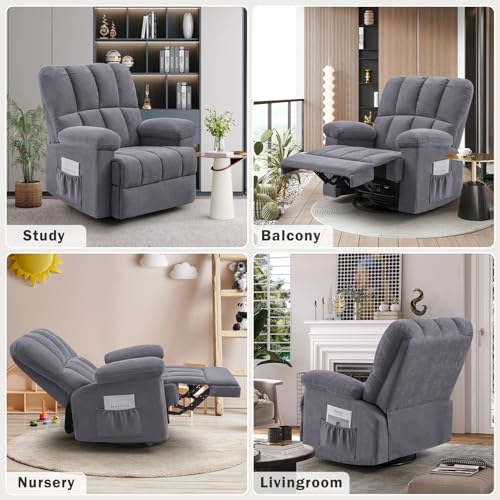 Oversized Chenille Swivel Rocker Recliner Chair, Grey N7677