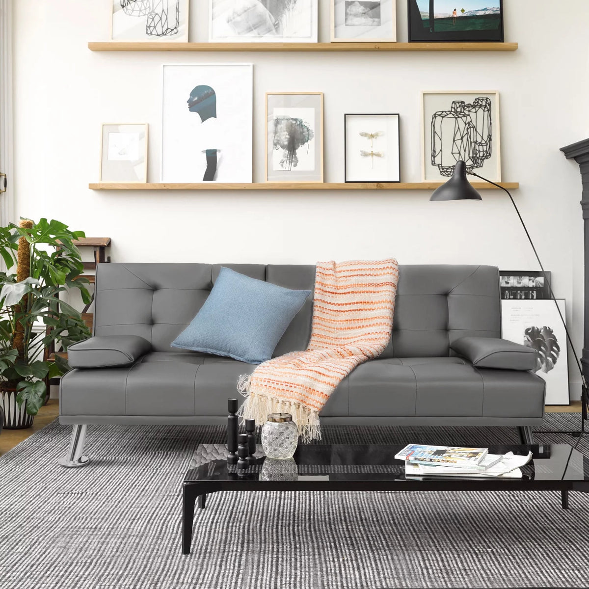 Gray Faux Leather Convertible Futon Sofa Bed with 2 Cup Holders K734