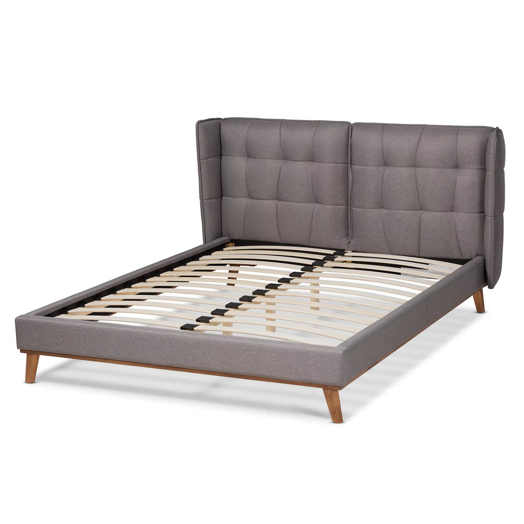 Grey Fabric Upholstered Walnut Brown Wood King Size Platform Wingback Bed O4654