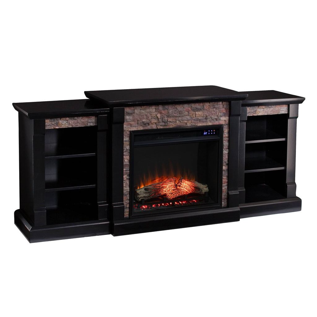 Black Faux Stone Electric Fireplace with Bookcases X24184