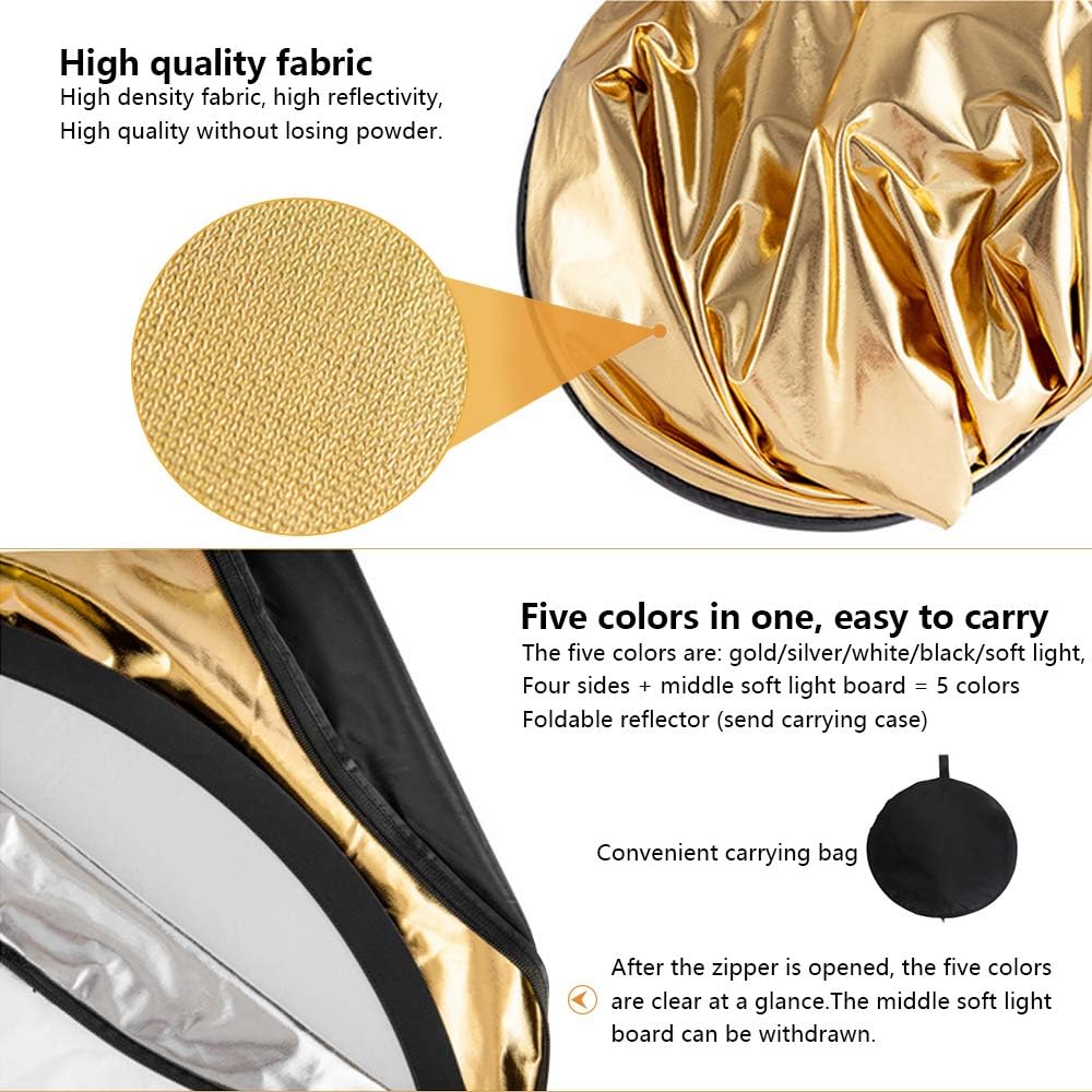 5 in 1 Collapsible Reflector Set with 2 Handles and Carrying Bag Gold Silver White Black Transparent (23.6in) K699309