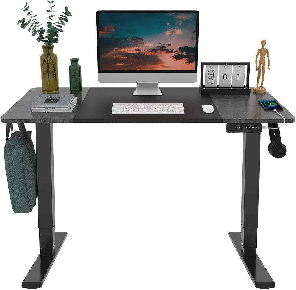 Electric Standing Desk 63"x30" Dual Motor 3 Stages Height Adjustable Desk with USB Charging Port and Hooks, Black Frame & Black/Greystone Top J114356