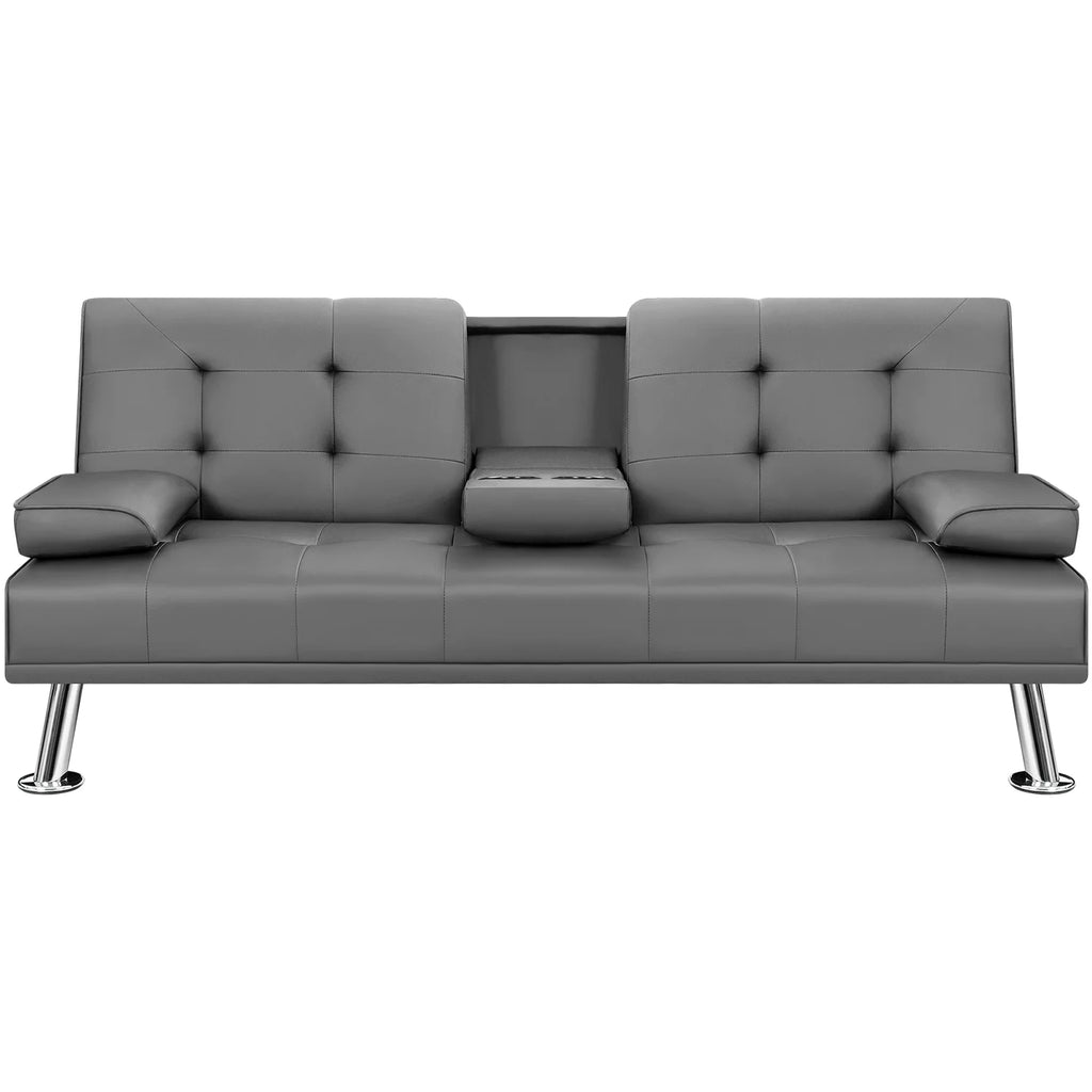 Gray Faux Leather Convertible Futon Sofa Bed with 2 Cup Holders K734