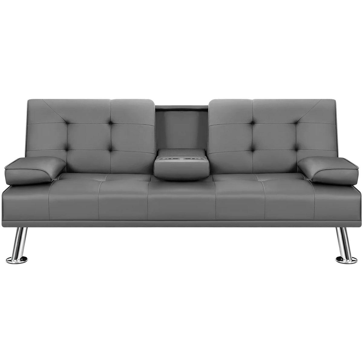 Gray Faux Leather Convertible Futon Sofa Bed with 2 Cup Holders K734