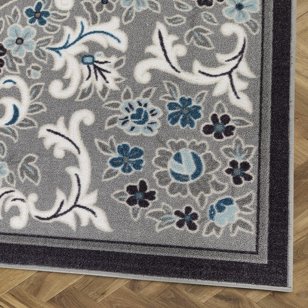 Gray 6'7" x 9' Non-Skid Rubber Backing Floral Area Rug N38681