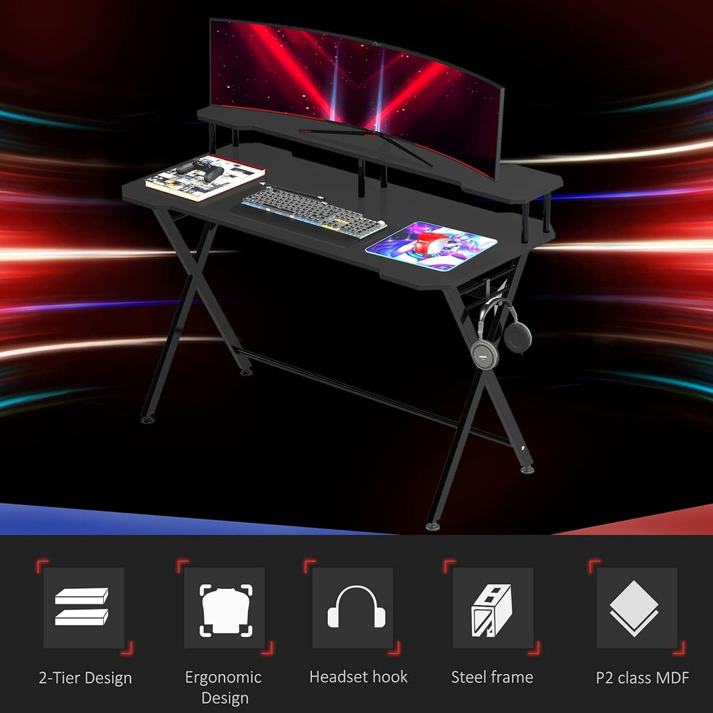 Black 55 inch Gaming Desk with Monitor Stand and Headphone Hook E926276