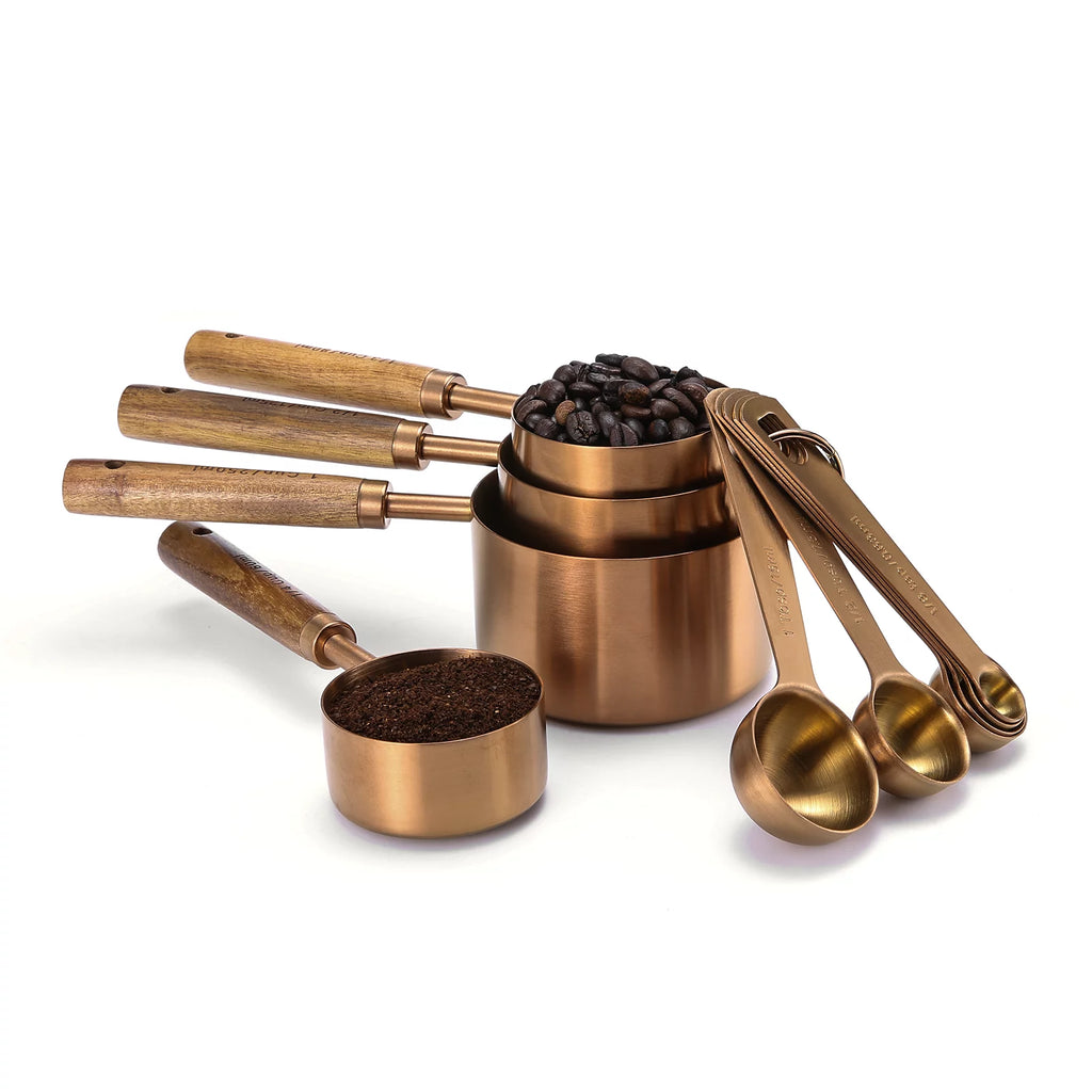 Rose Gold 10-piece Measuring Cups and Spoons Set with Wooden Handle I976709