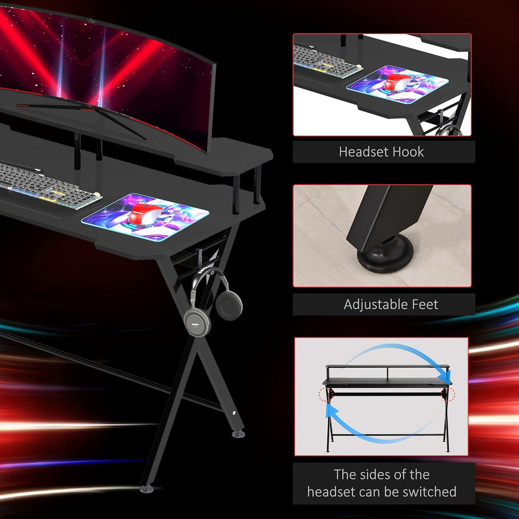 Black 55 inch Gaming Desk with Monitor Stand and Headphone Hook E926276