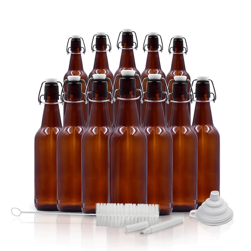 16 oz Amber Glass Beer Bottles with Funnel, Brush and Marker Y1507