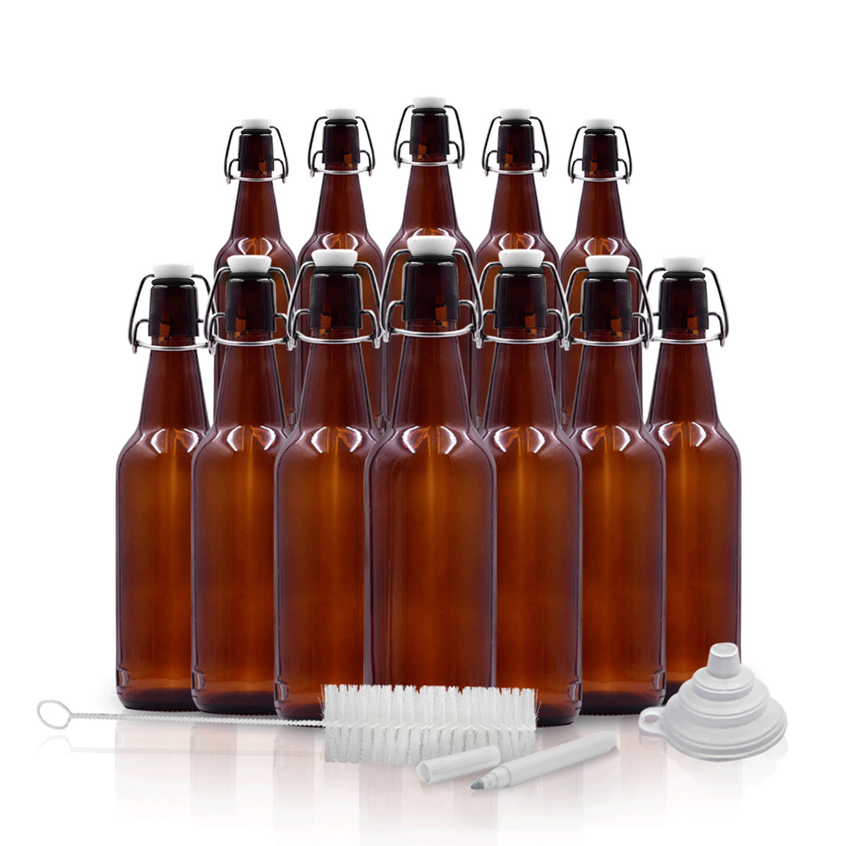 16 oz Amber Glass Beer Bottles with Funnel, Brush and Marker Y1507