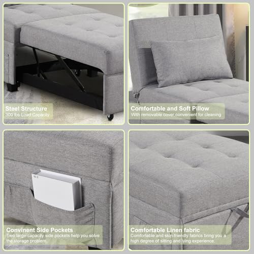 4 in 1 Convertible Linen Fabric Sleeper Chair Bed Ottoman with Adjustable Backrest & Pillow Q278